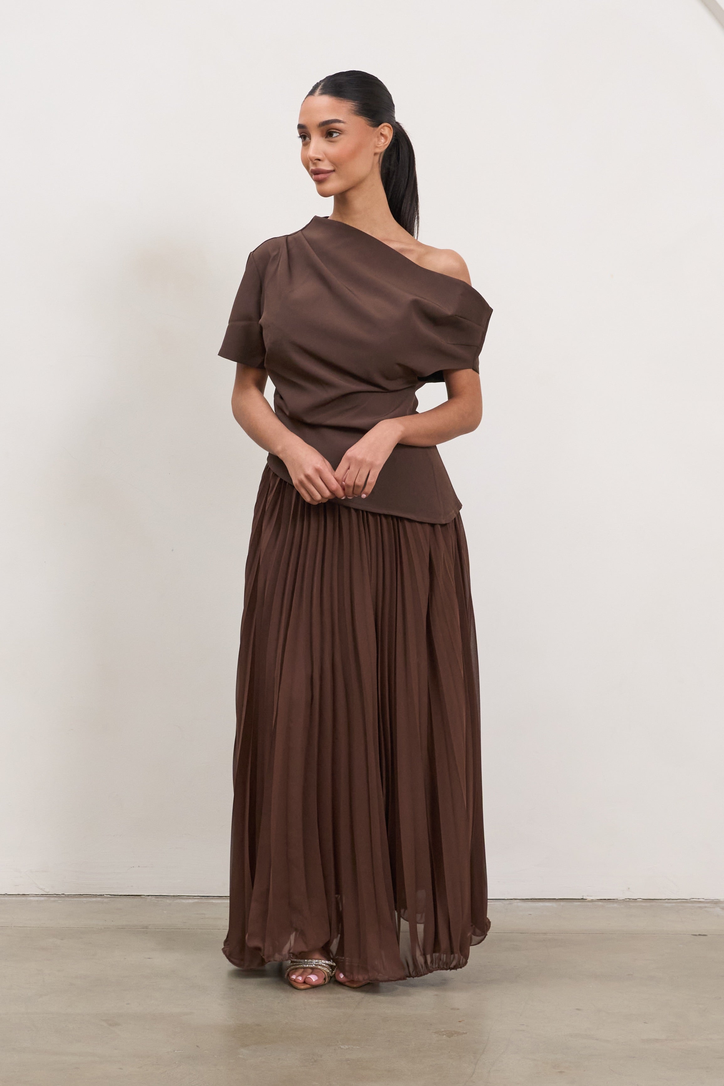 Asymmetrical Draped Top – Brown