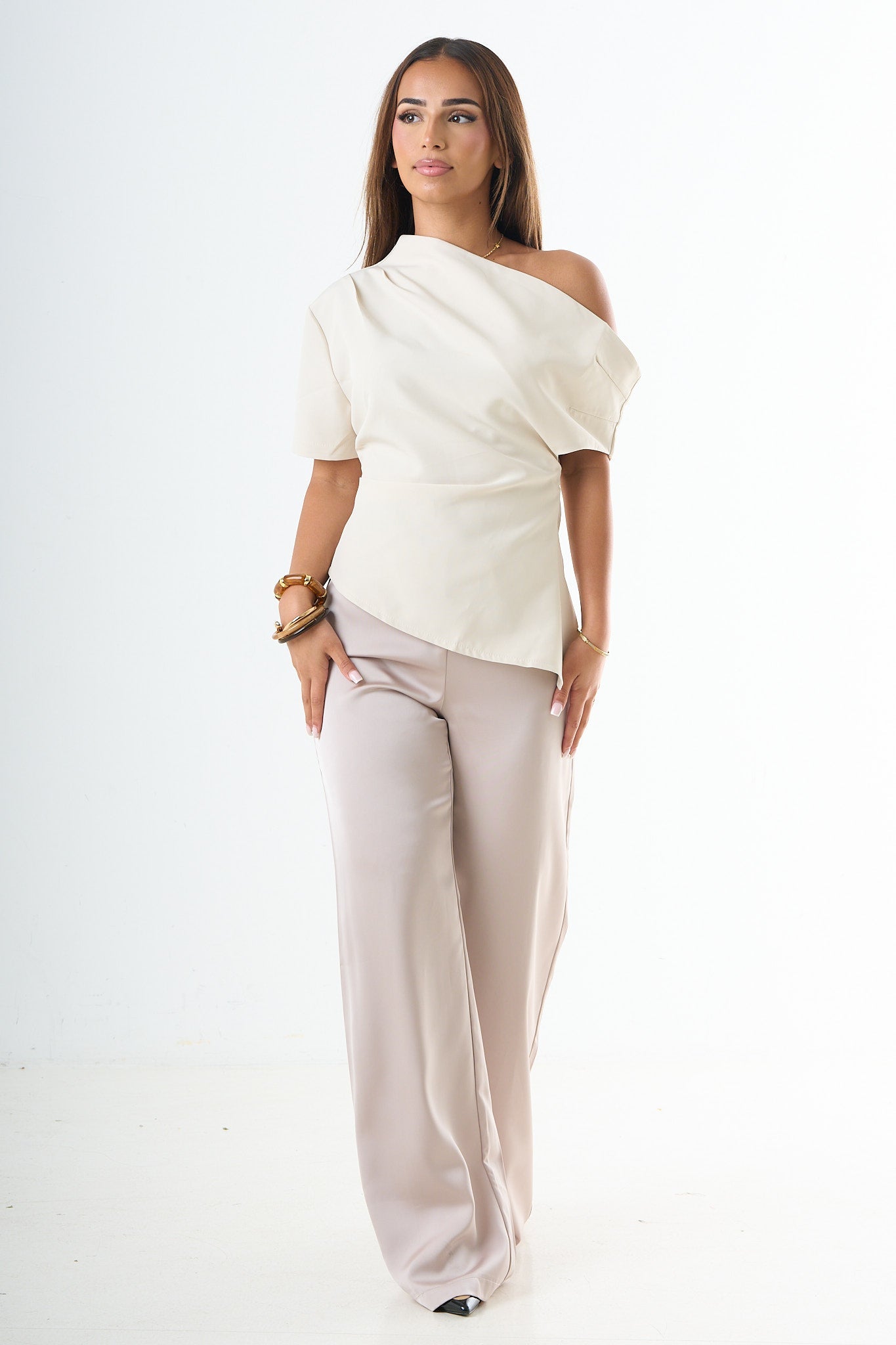 Asymmetrical Draped Top – Beige