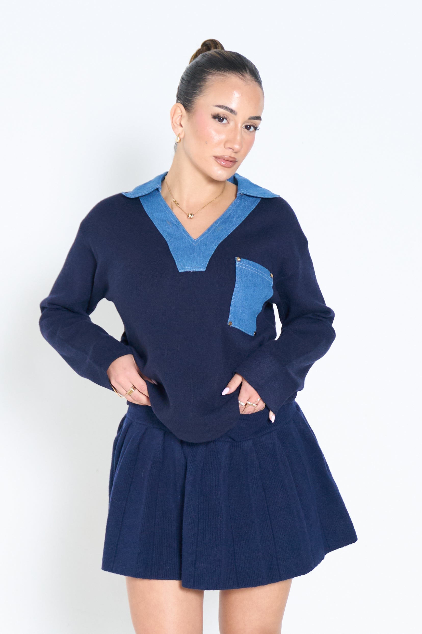 Denim Collar Knit Top