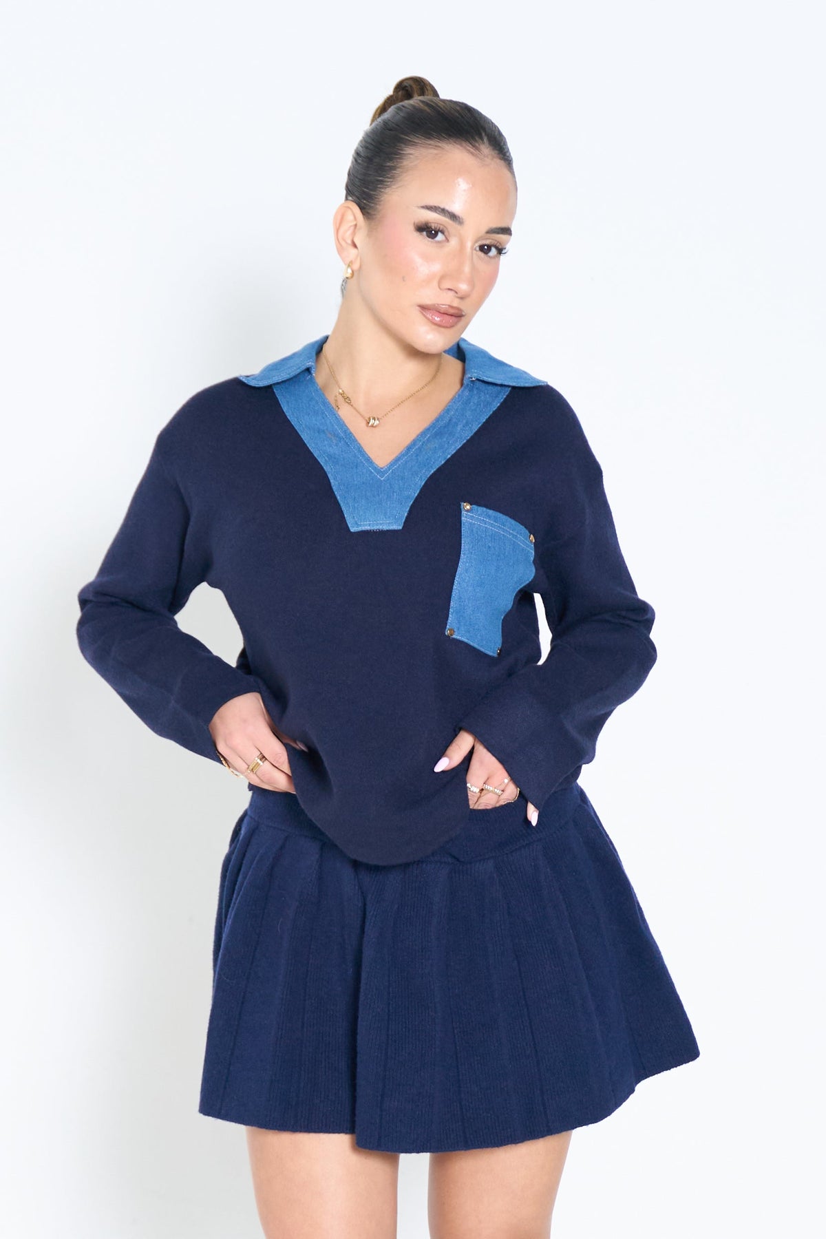 Denim Collar Knit Top