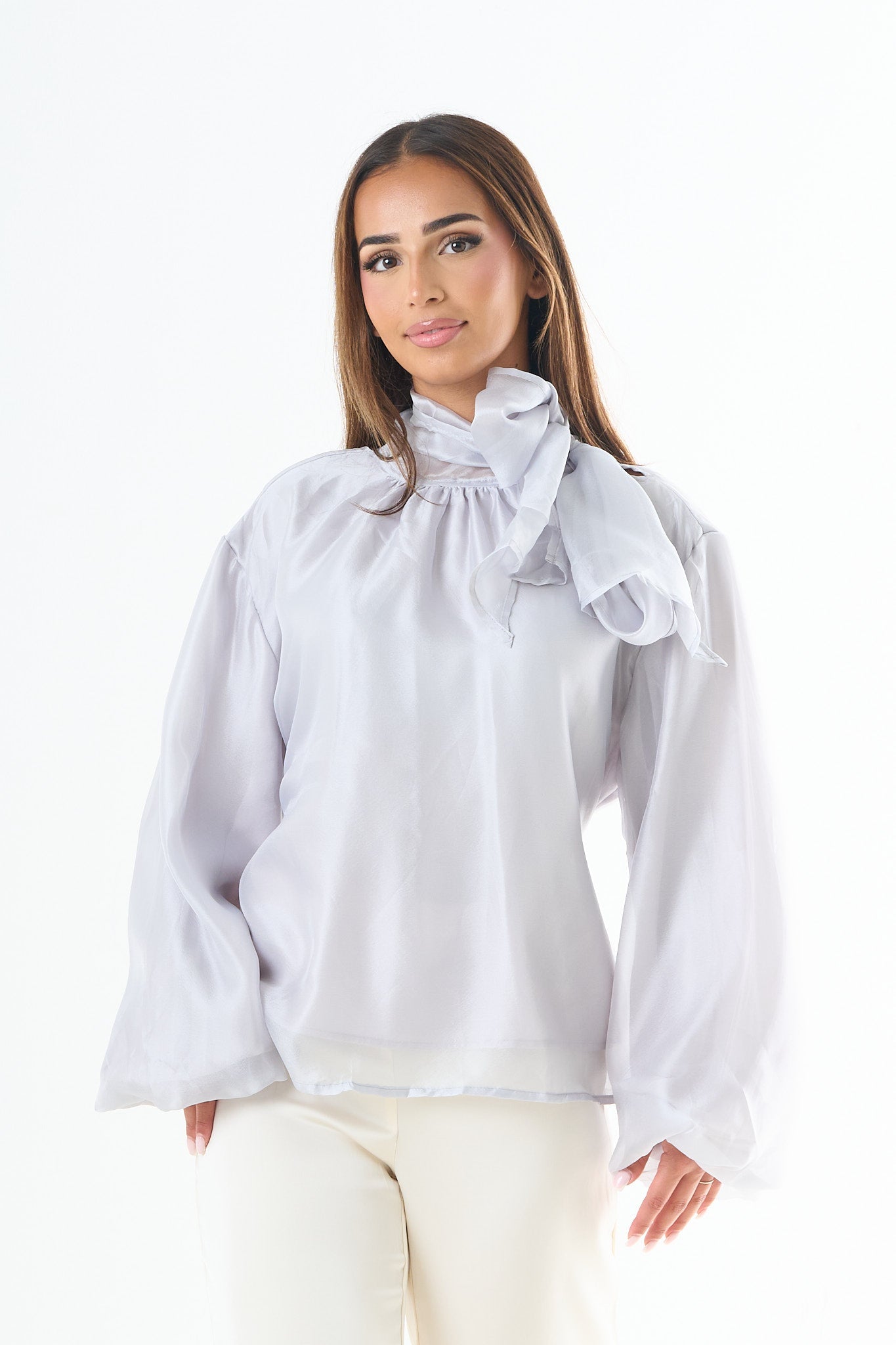 Glossy tie-back blouse - Blue