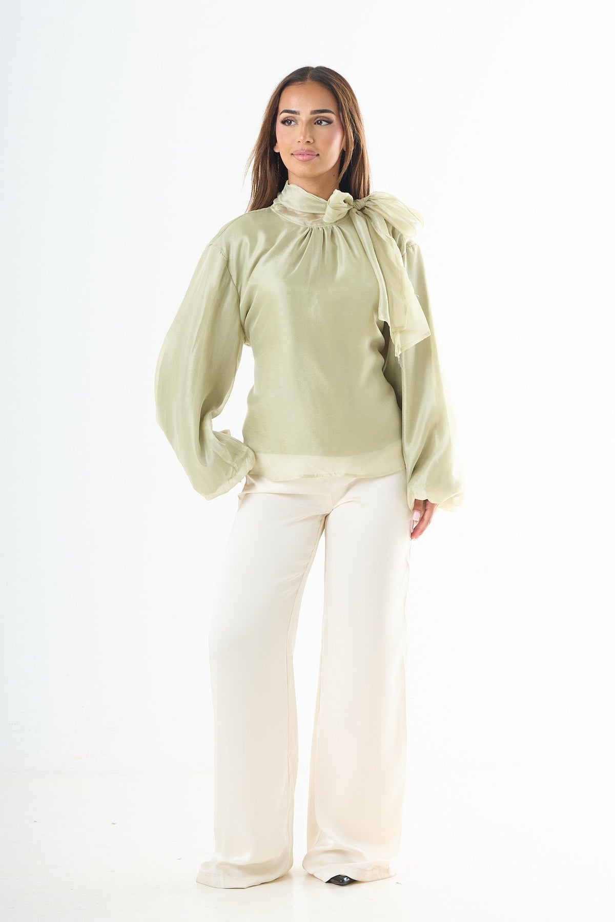 Glossy tie-back blouse - Green