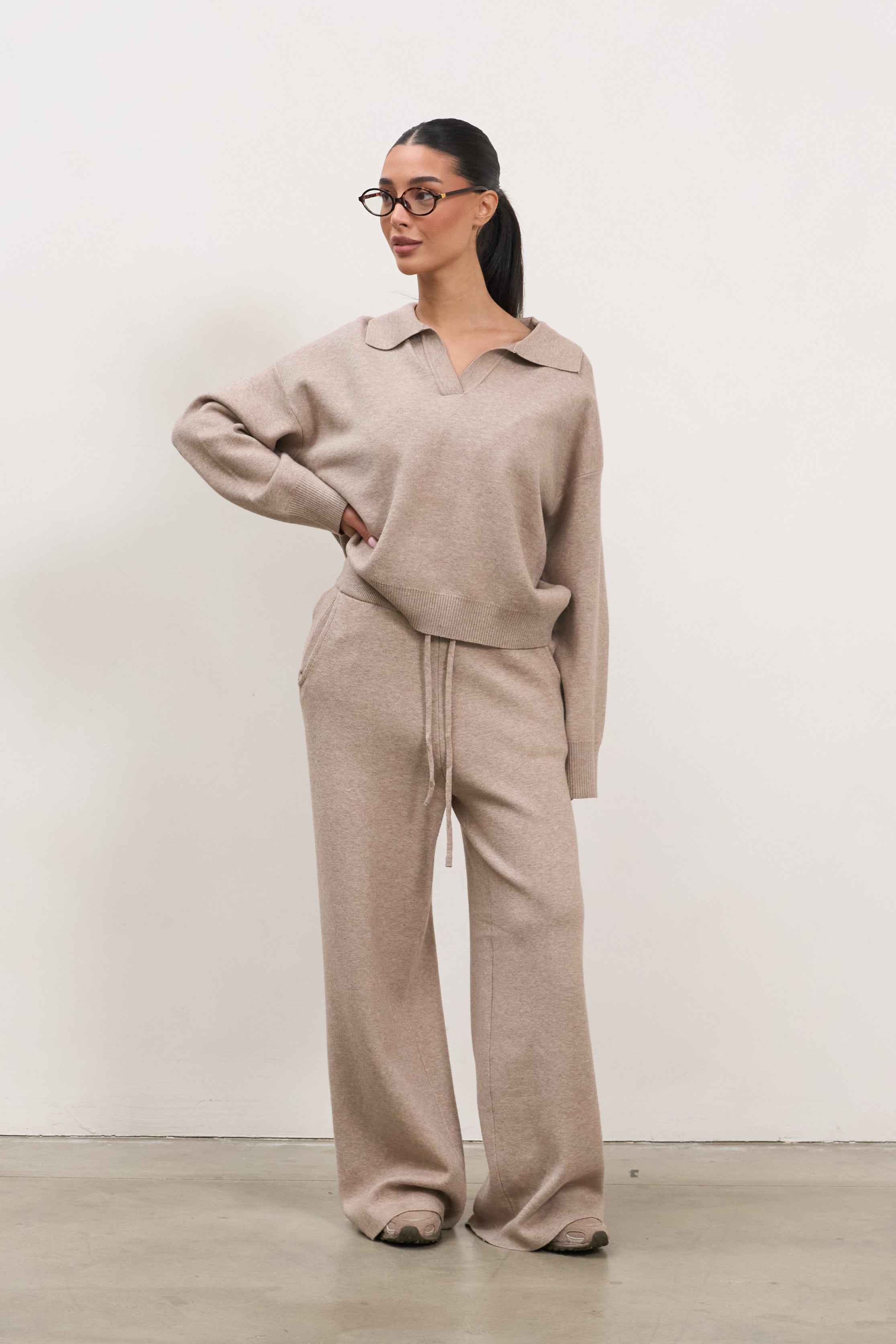 Knit V-Neck Lounge Set - Taupe