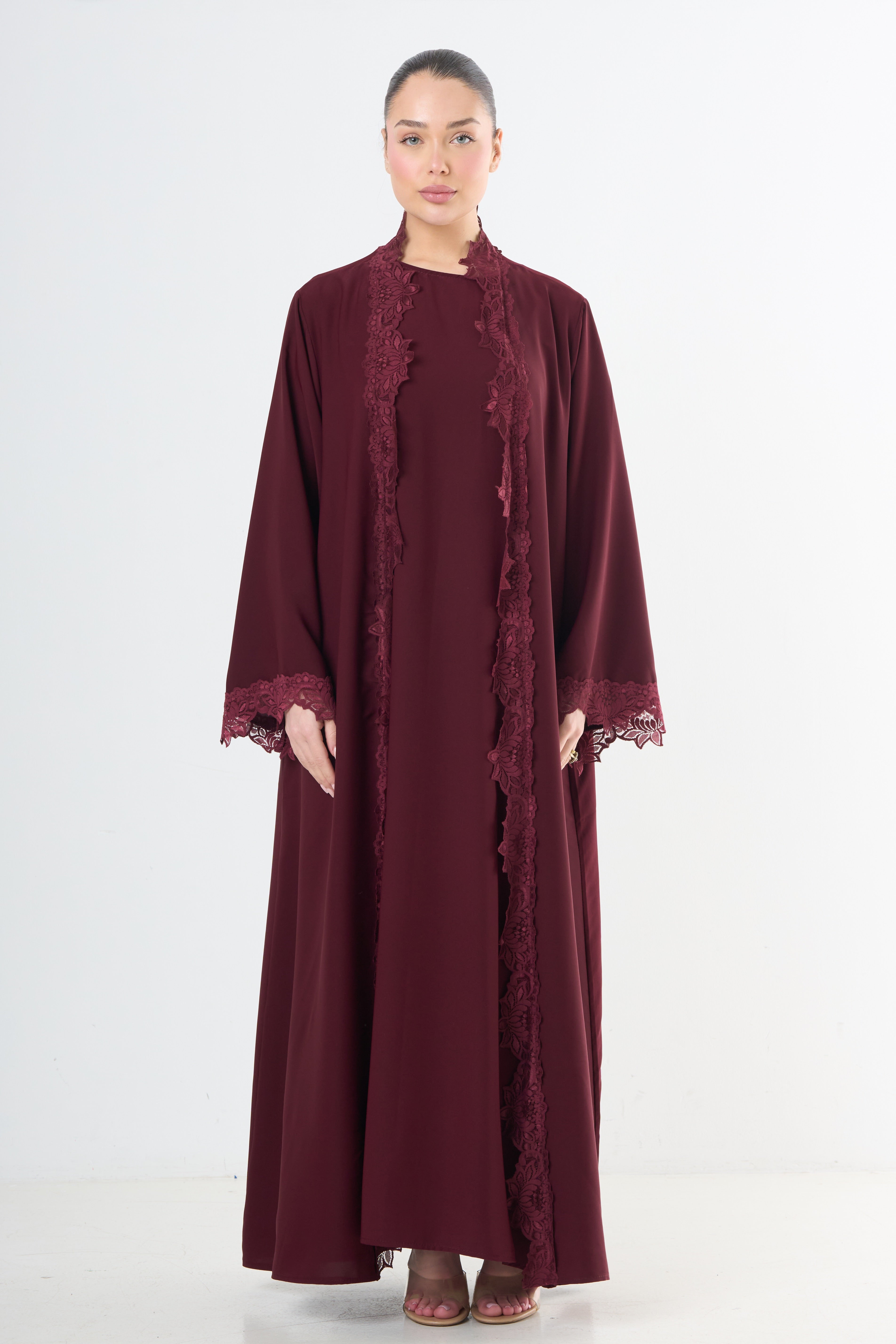 Lace Abaya Set - Wine