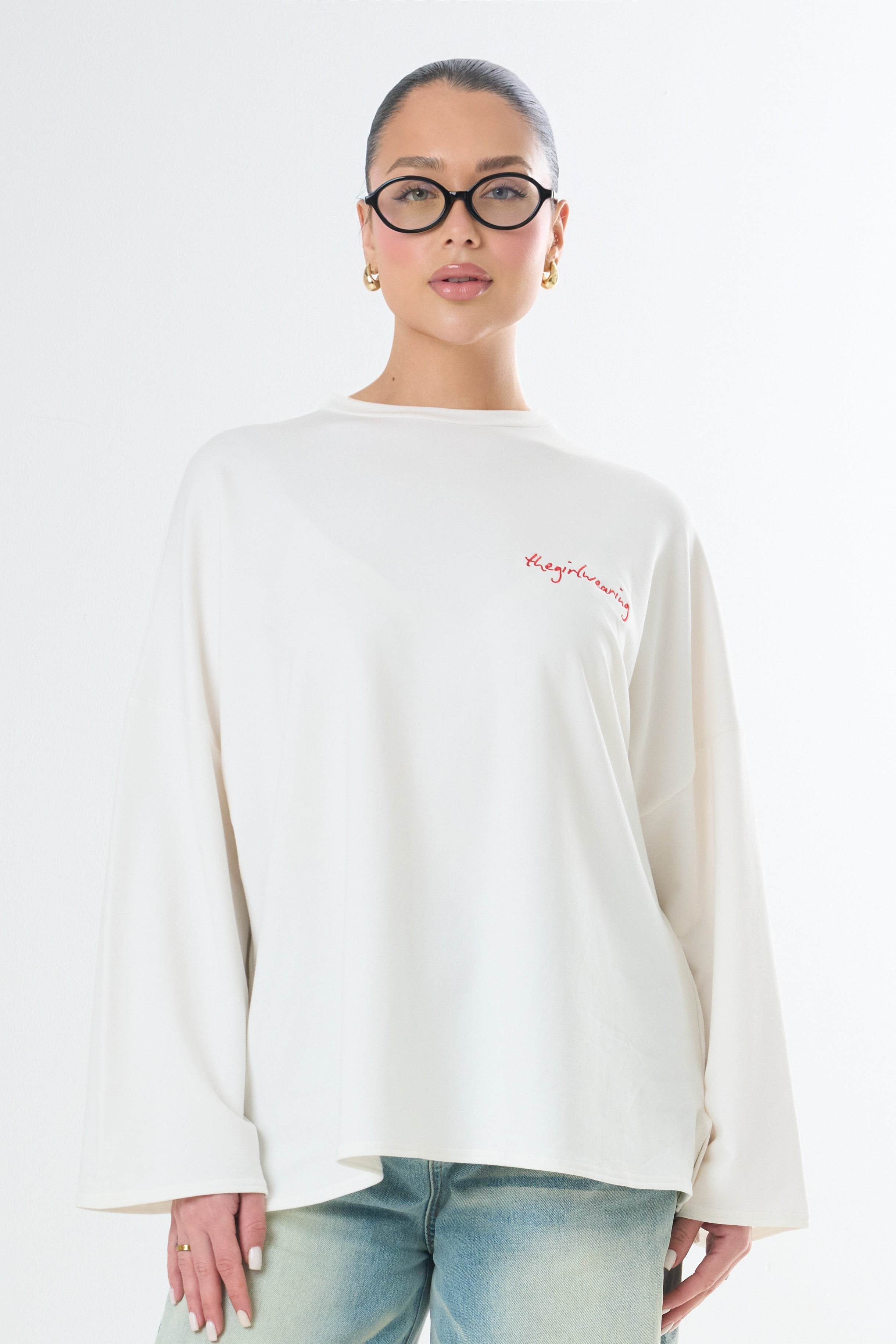 Oversized Long-sleeved T-shirt - Embroidered red