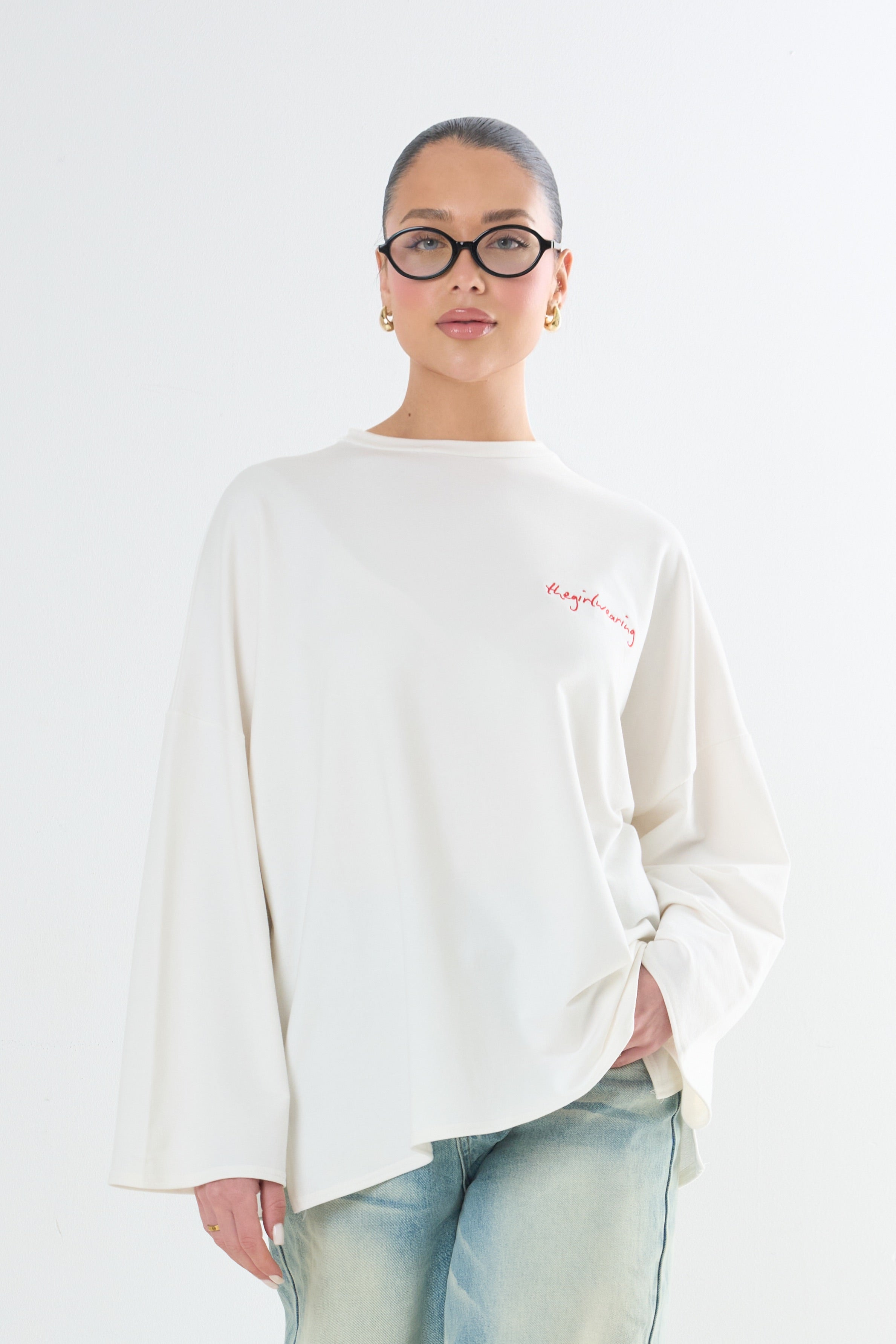 Oversized Long-sleeved T-shirt - Embroidered red