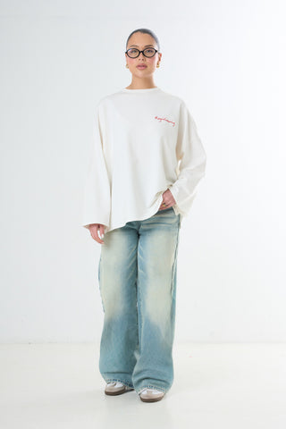Oversized Long-sleeved T-shirt - Embroidered red