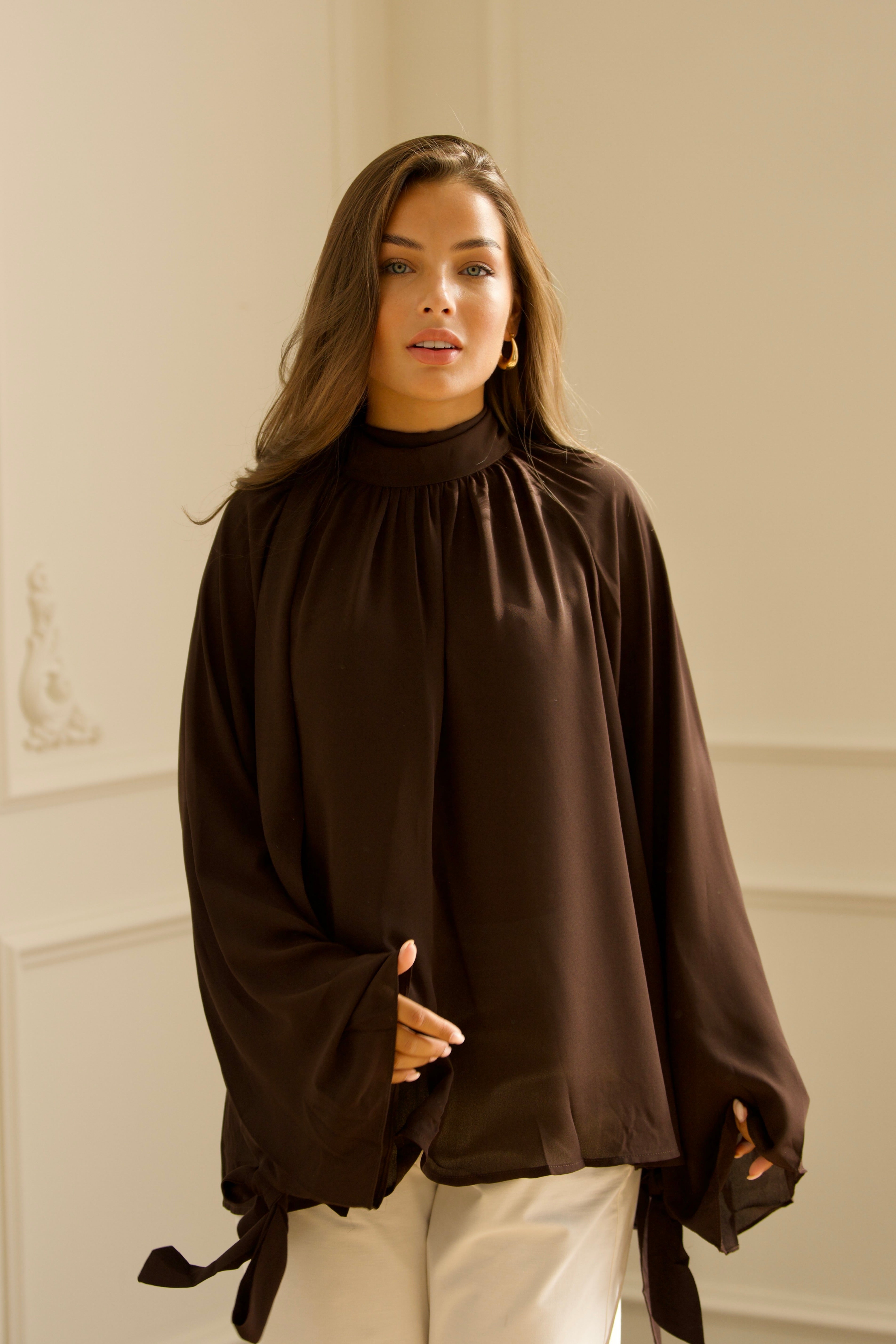 Oversized Tie Blouse - Brown