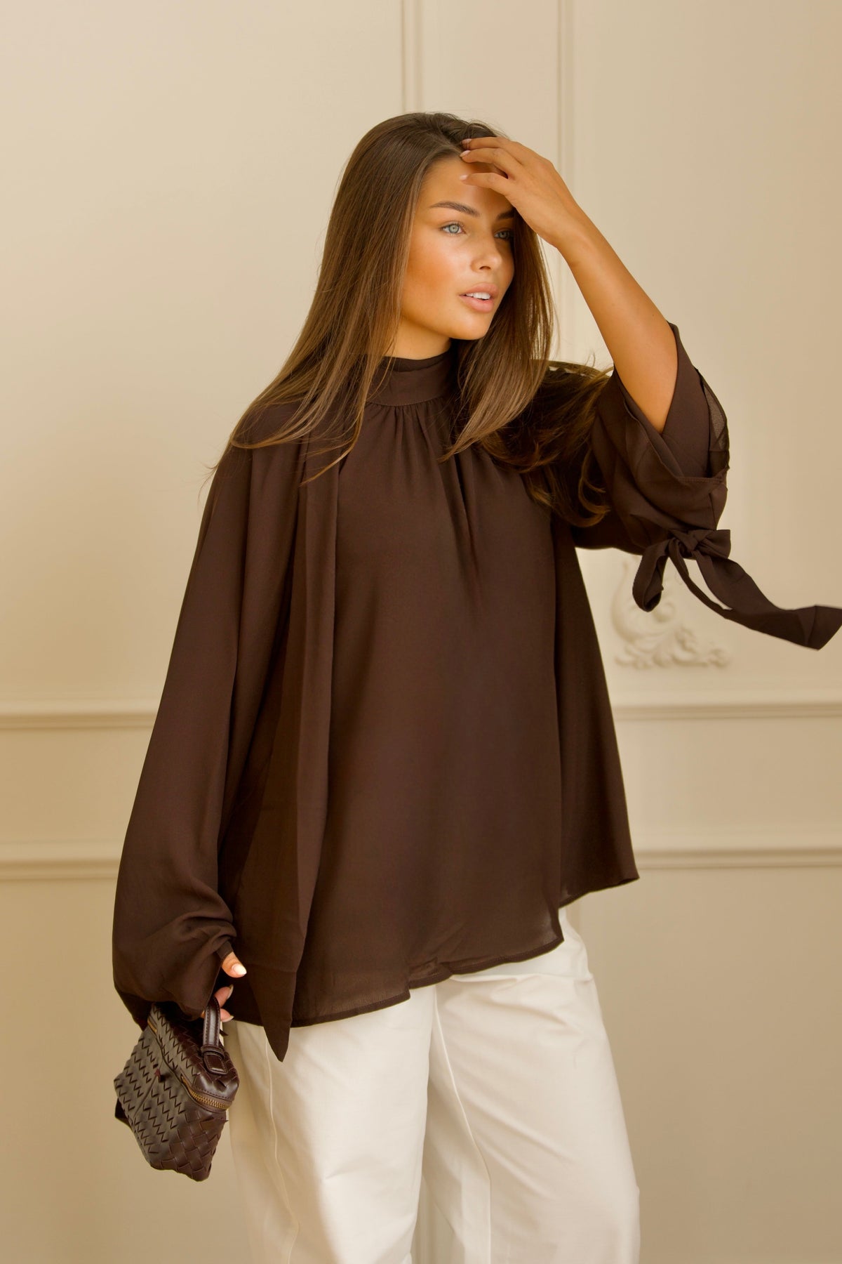 Oversized Tie Blouse - Brown