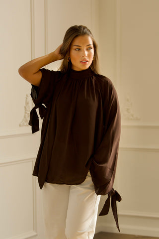 Oversized Tie Blouse - Brown