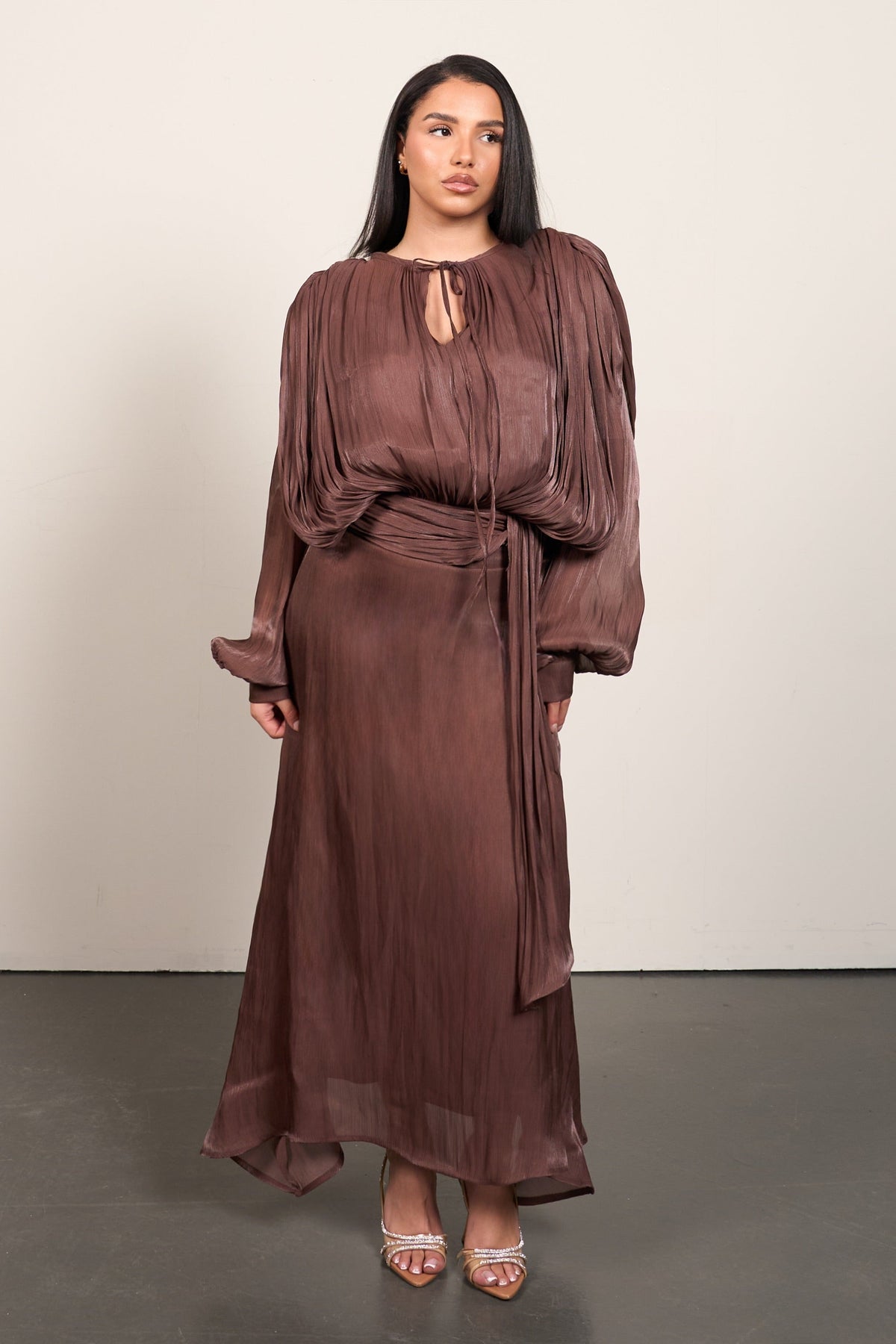 Pleated Elegance Maxi Dress - Brown