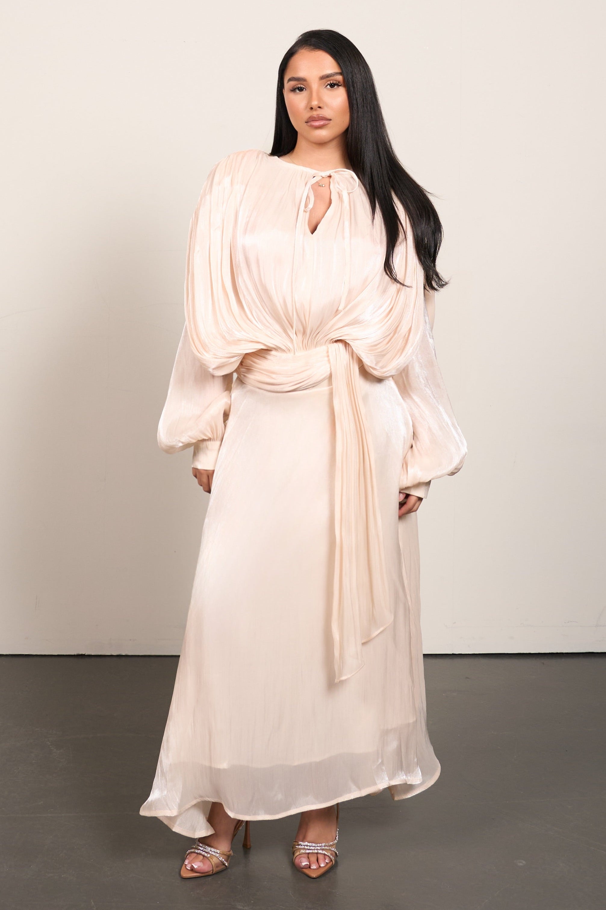 Pleated Elegance Maxi Dress - Light Beige