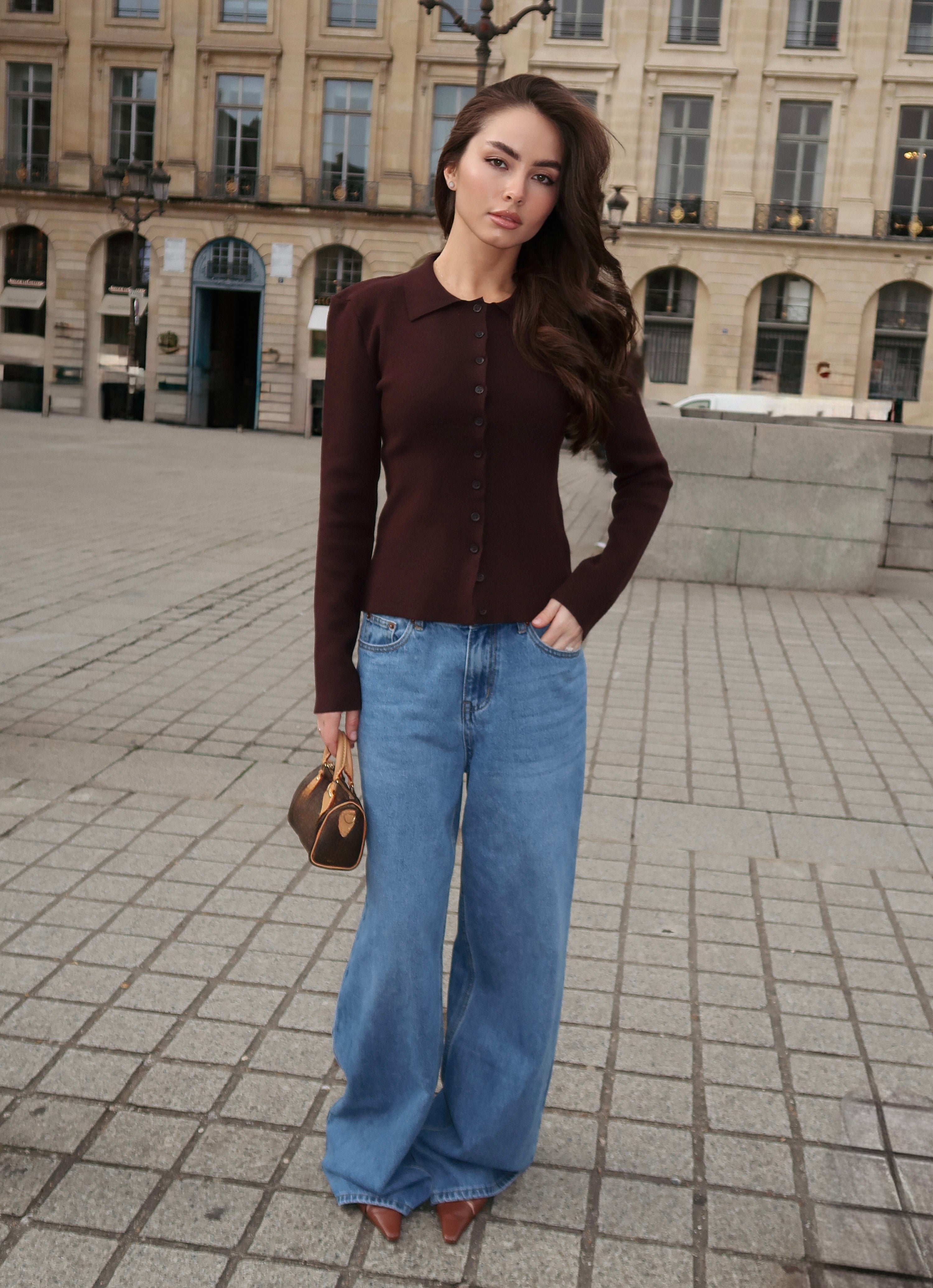 Sculpted Shoulder Knit Cardigan - Brown