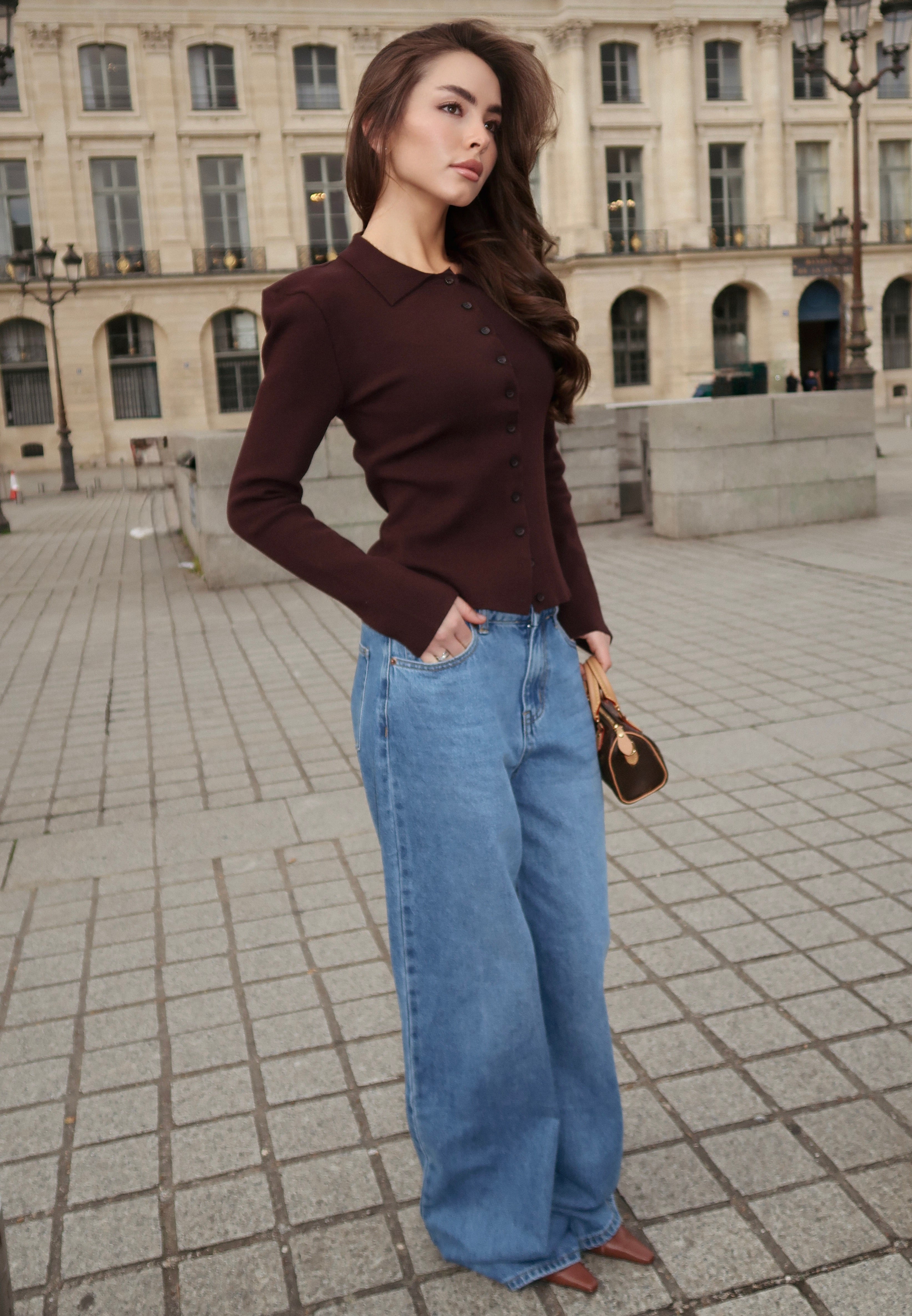 Sculpted Shoulder Knit Cardigan - Brown