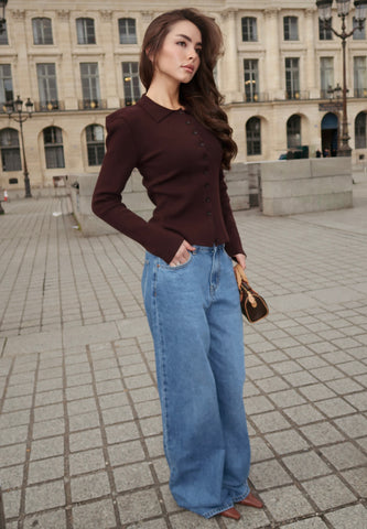Sculpted Shoulder Knit Cardigan - Brown