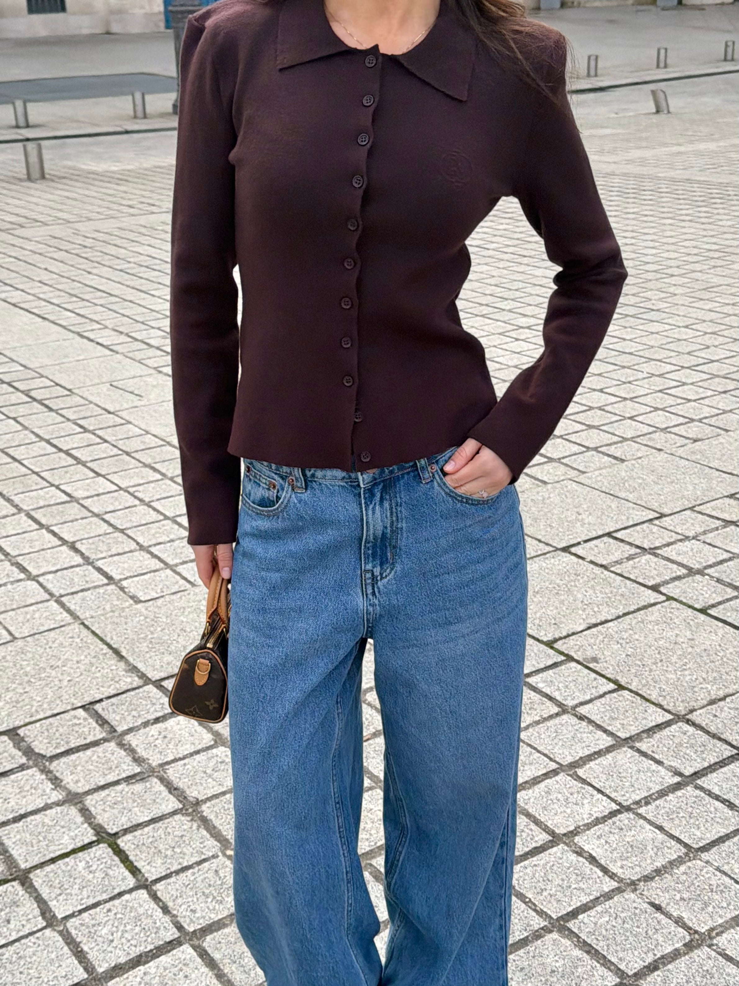 Sculpted Shoulder Knit Cardigan - Brown