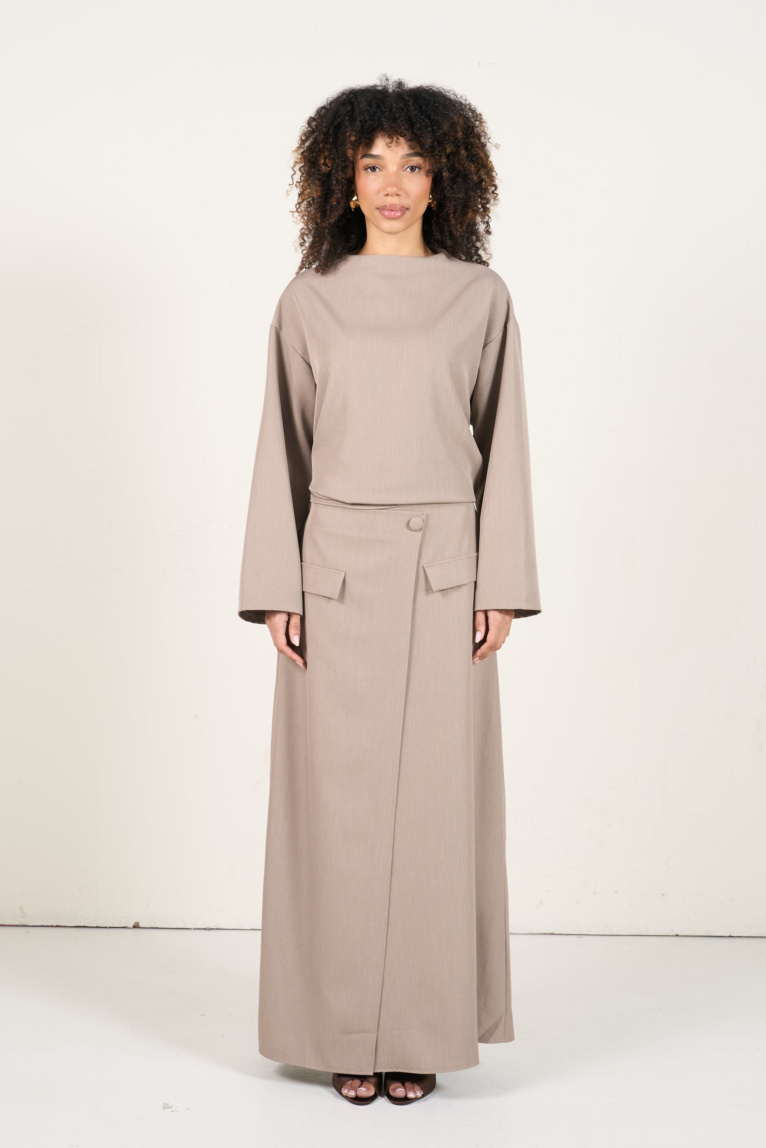 Two-Piece Wrap Skirt Set - Taupe