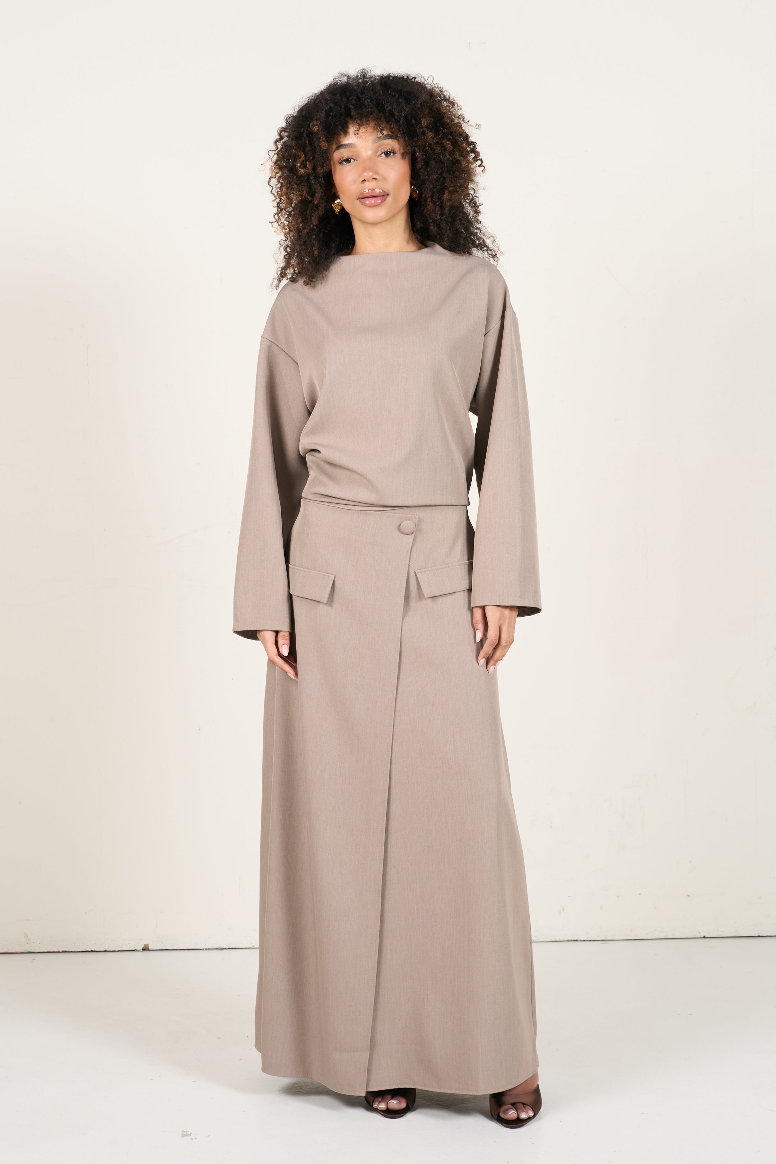 Two-Piece Wrap Skirt Set - Taupe