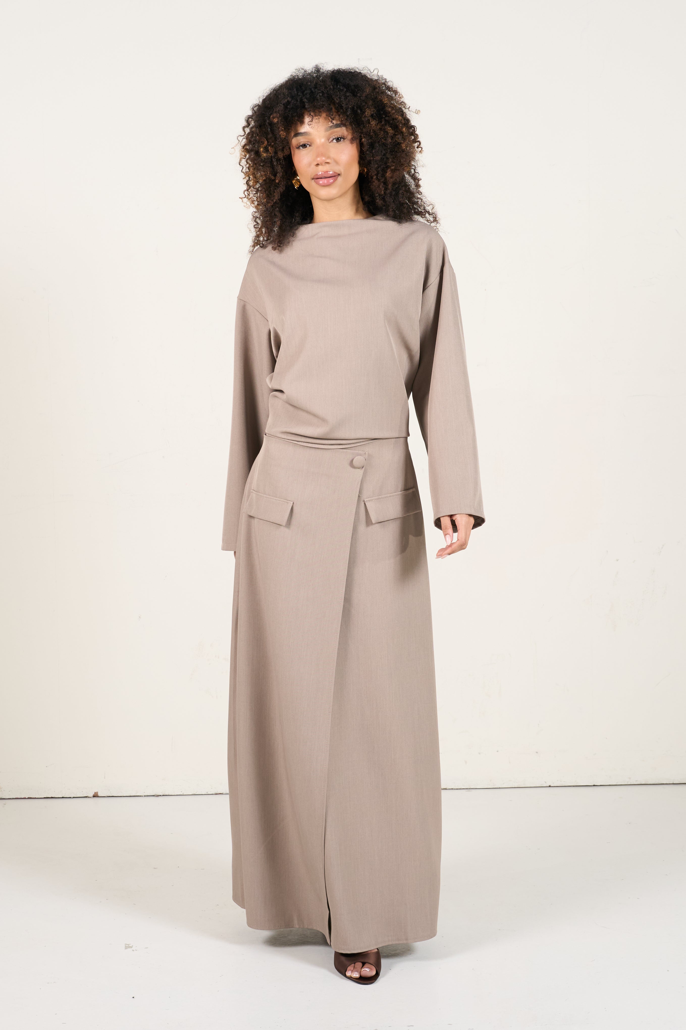 Two-Piece Wrap Skirt Set - Taupe