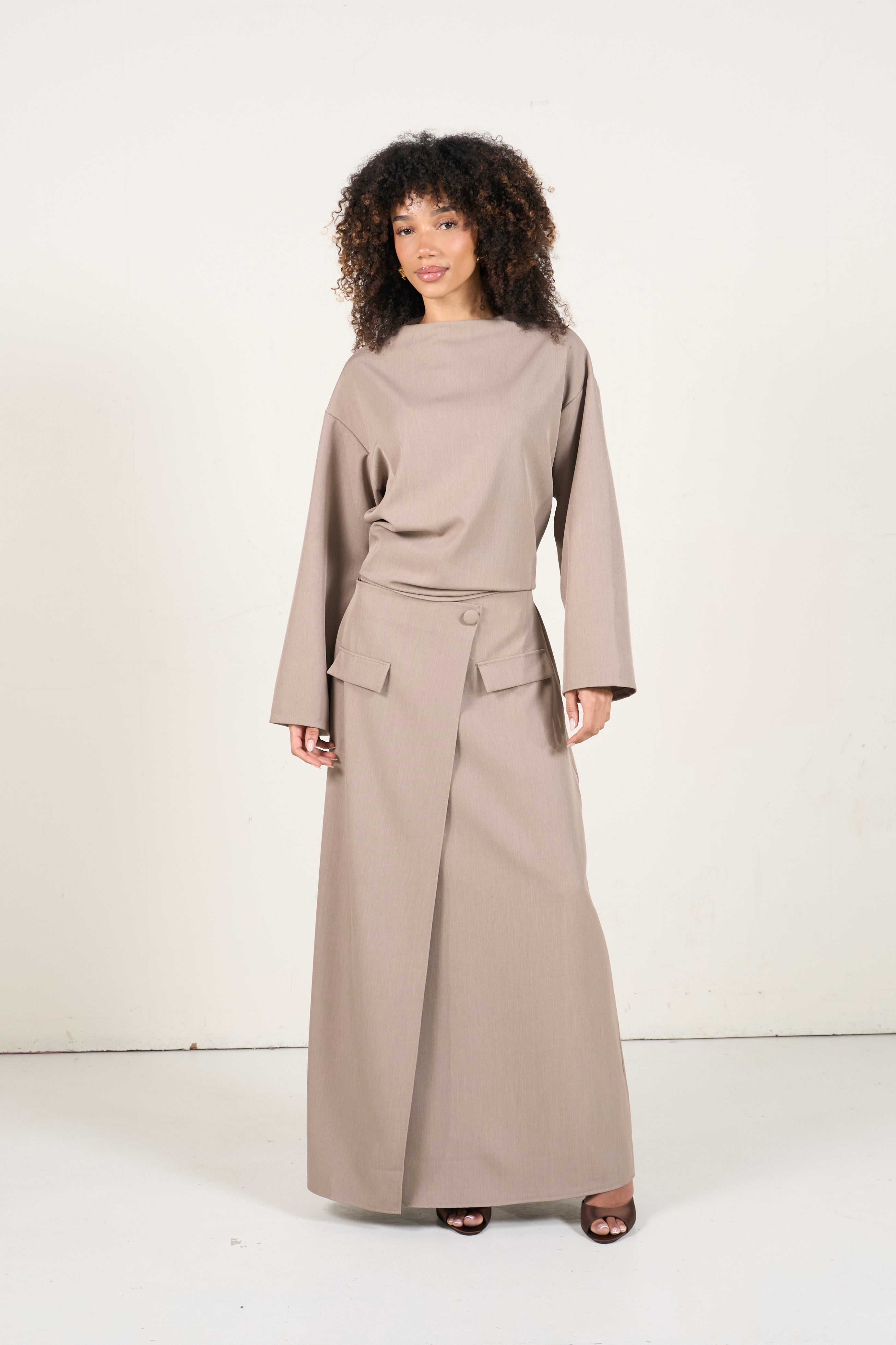 Two-Piece Wrap Skirt Set - Taupe