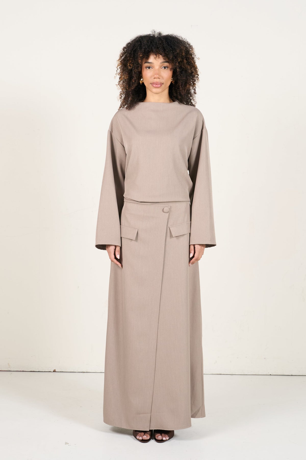 Two-Piece Wrap Skirt Set - Taupe