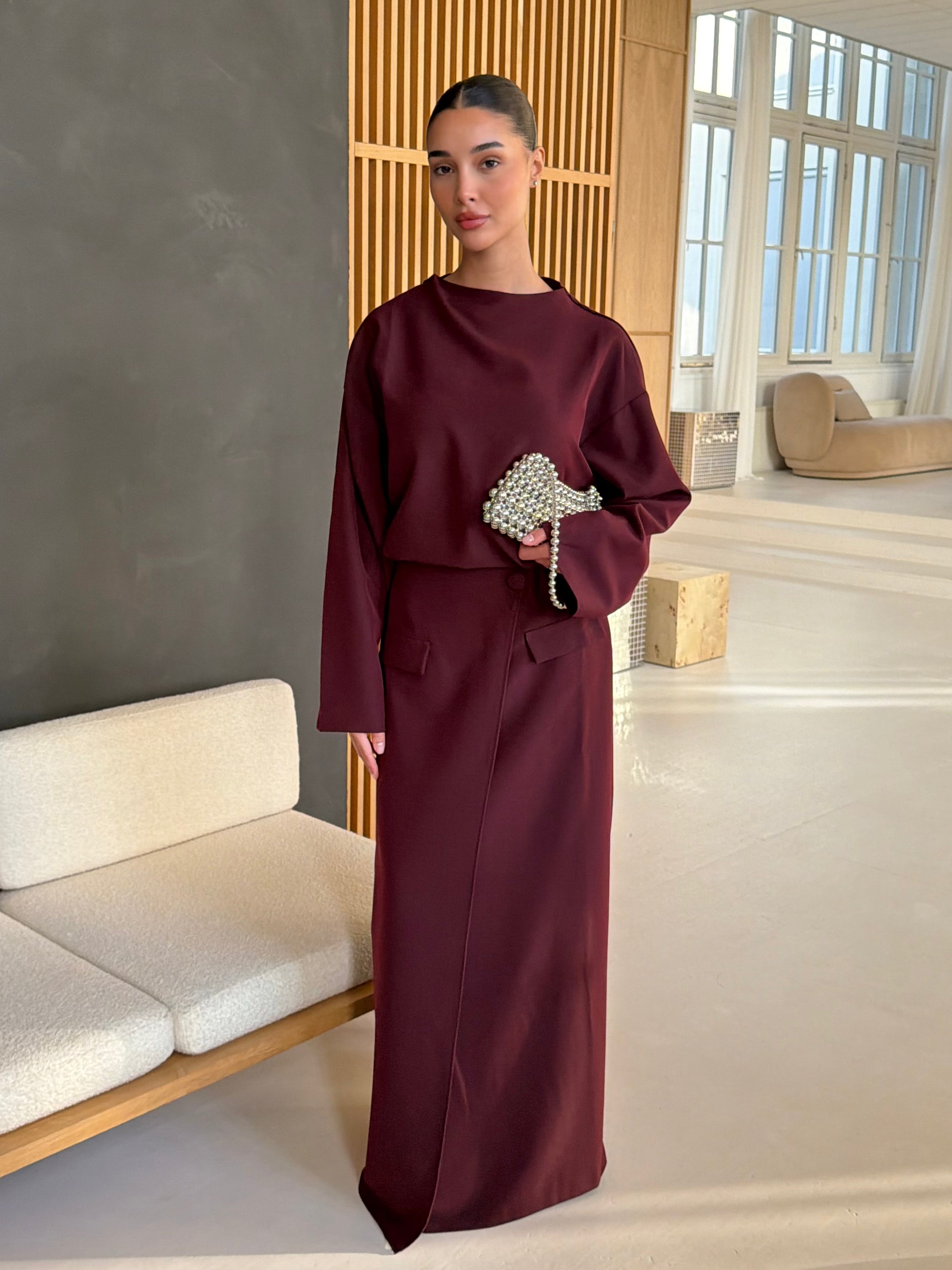 Two-Piece Wrap Skirt Set - Wine