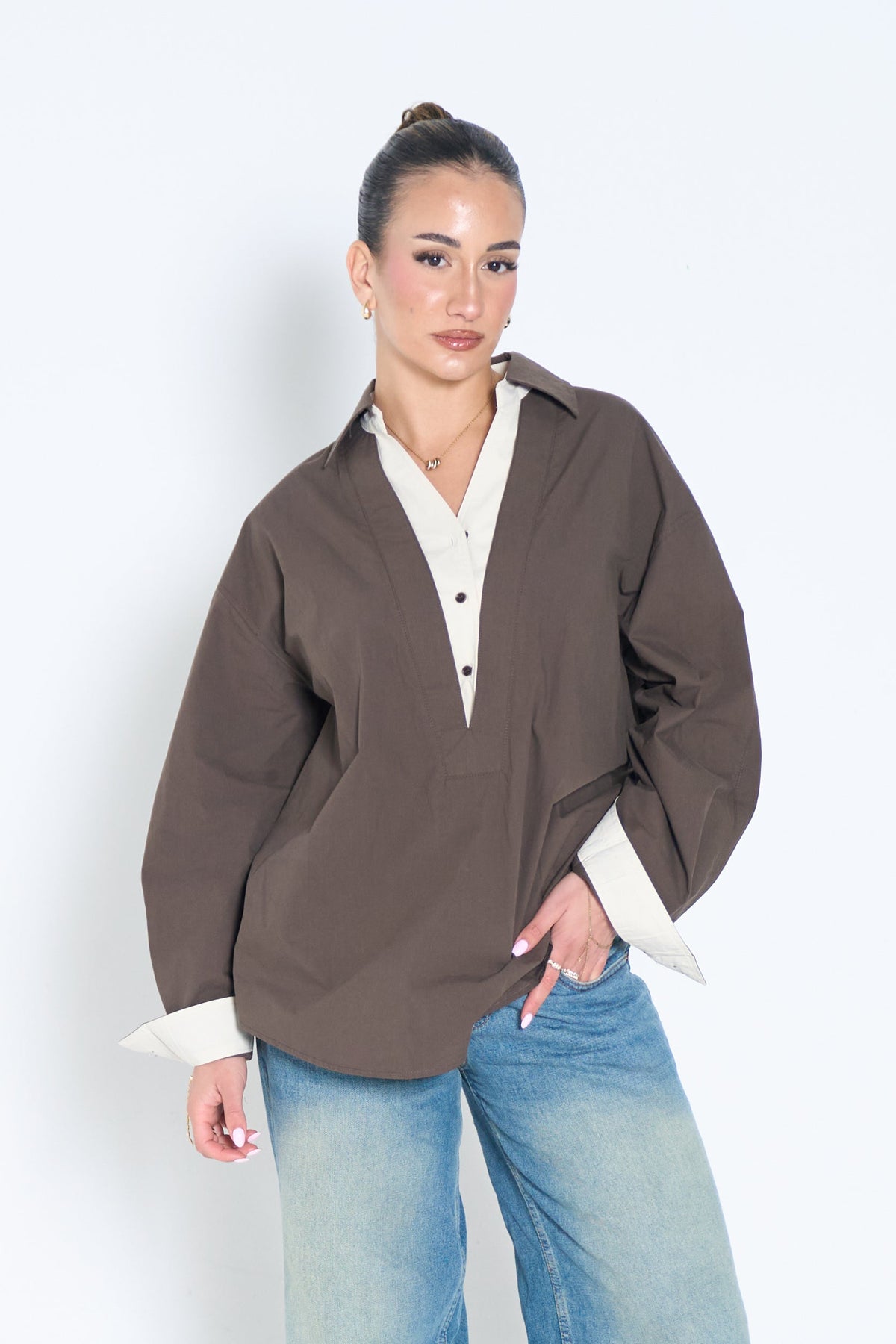 Two-Tone V-Neck Blouse