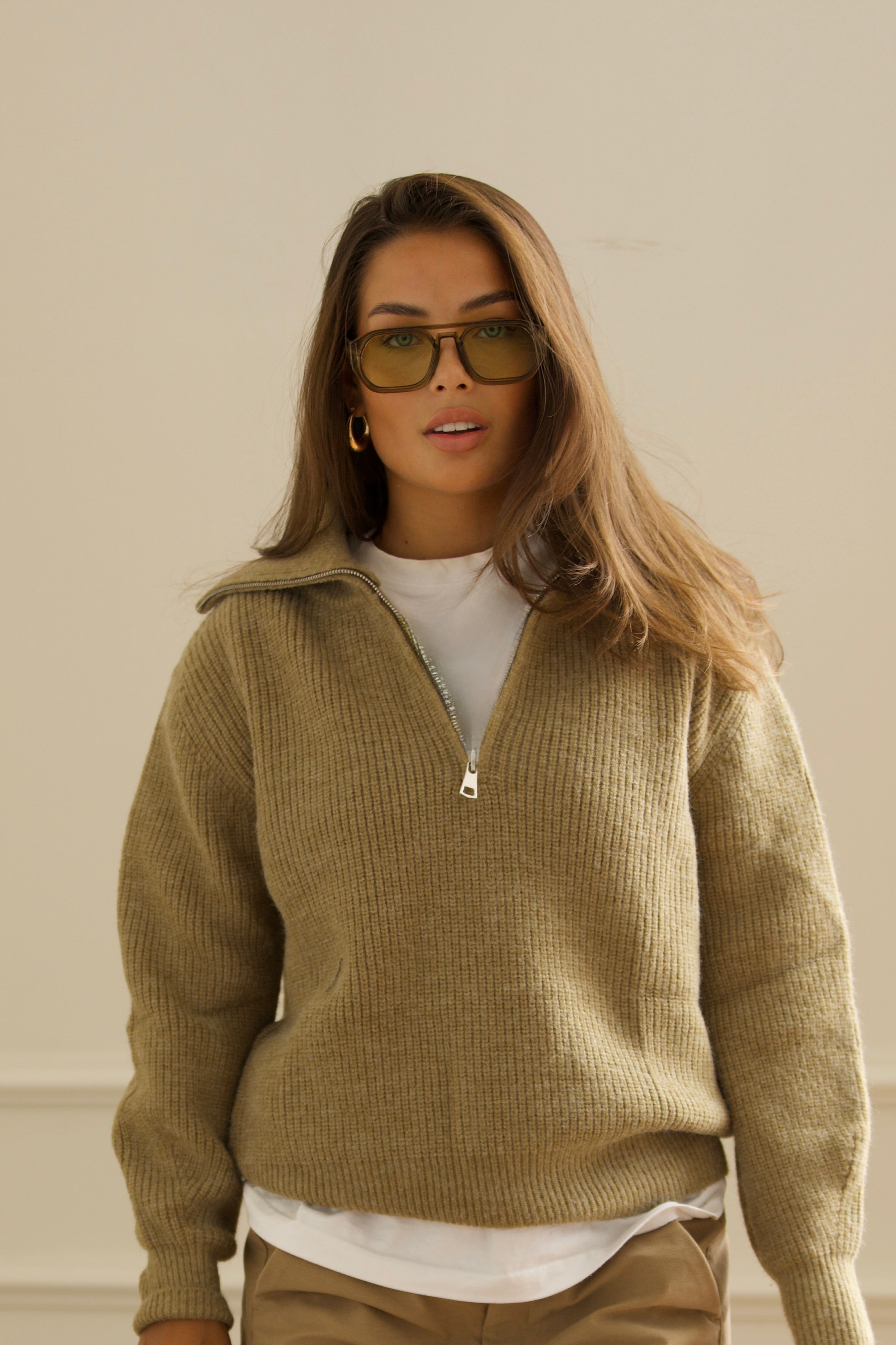 Zip Knit Sweater - Khaki