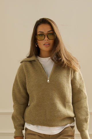 Zip Knit Sweater - Khaki