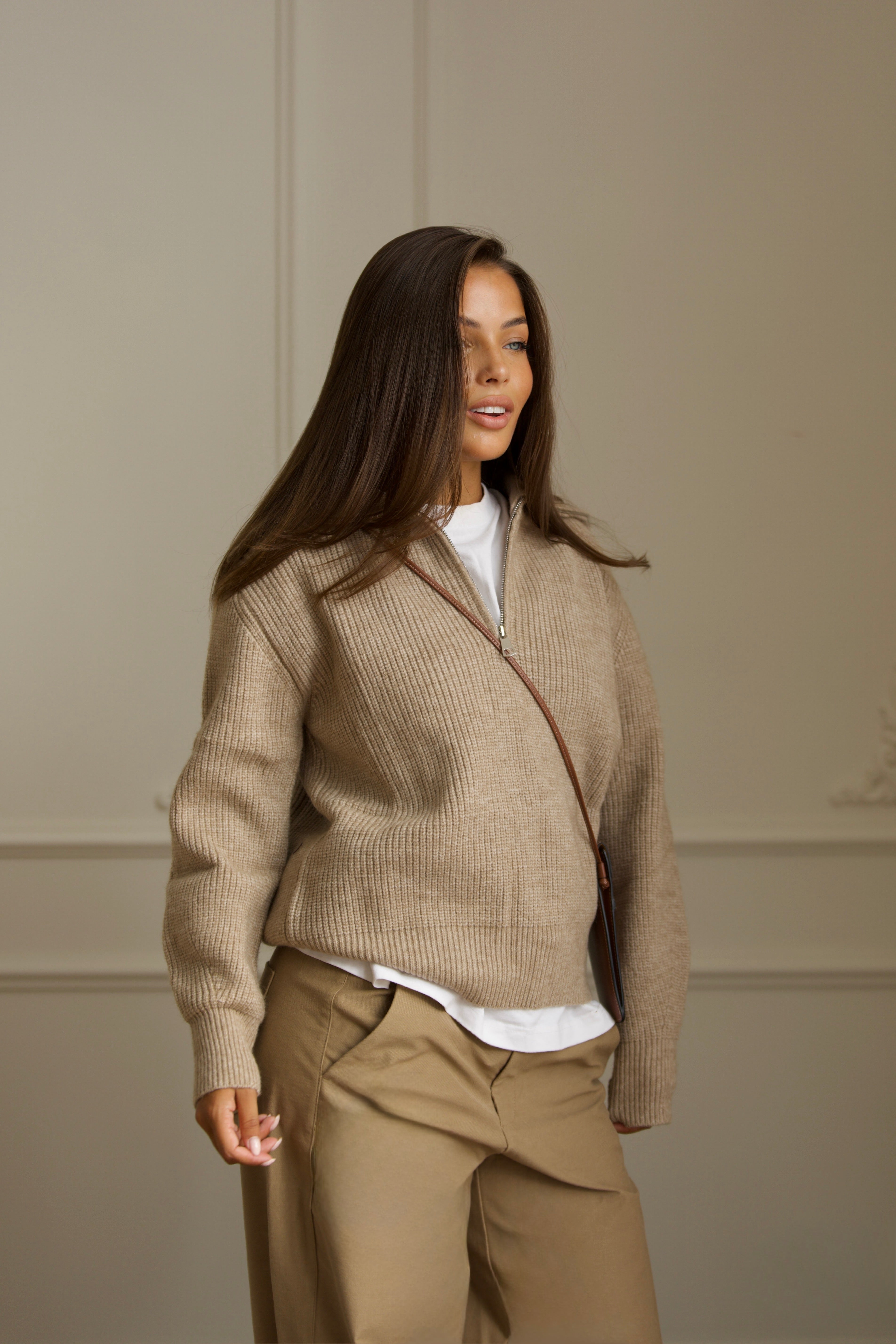 Zip Knit Sweater - Beige