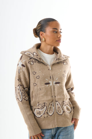 Zipped Bandana Cardigan - Beige