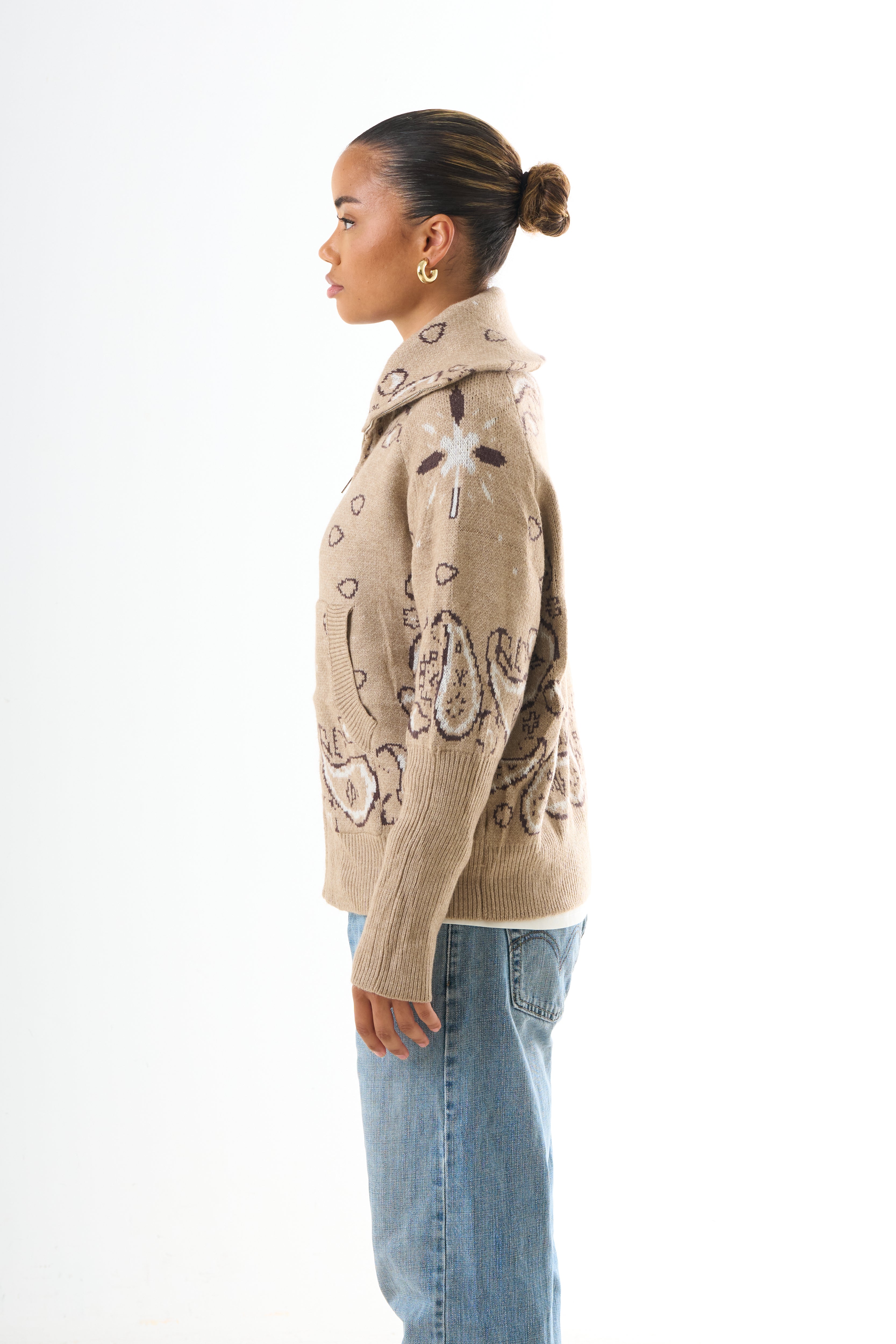 Zipped Bandana Cardigan - Beige