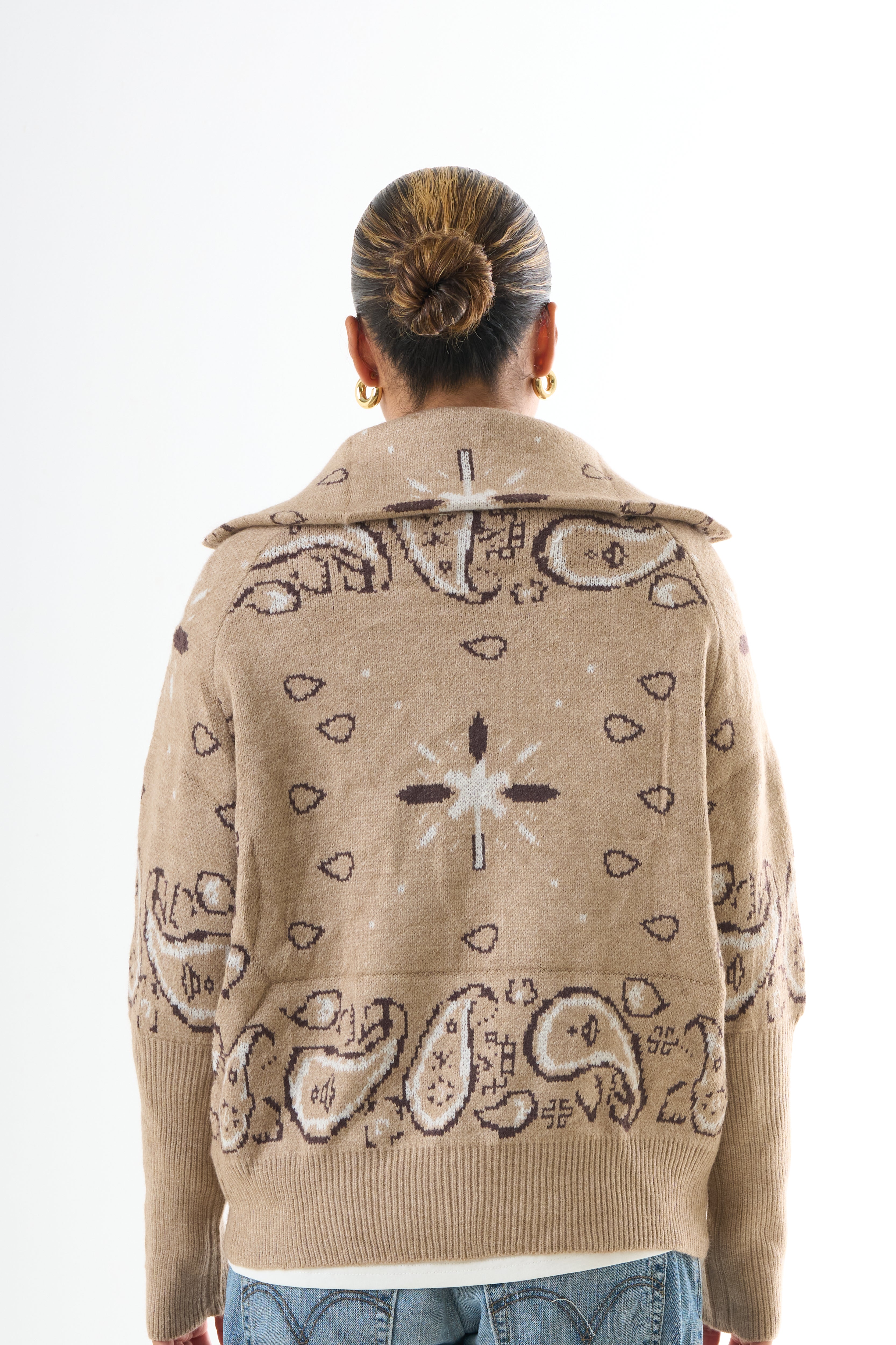 Zipped Bandana Cardigan - Beige