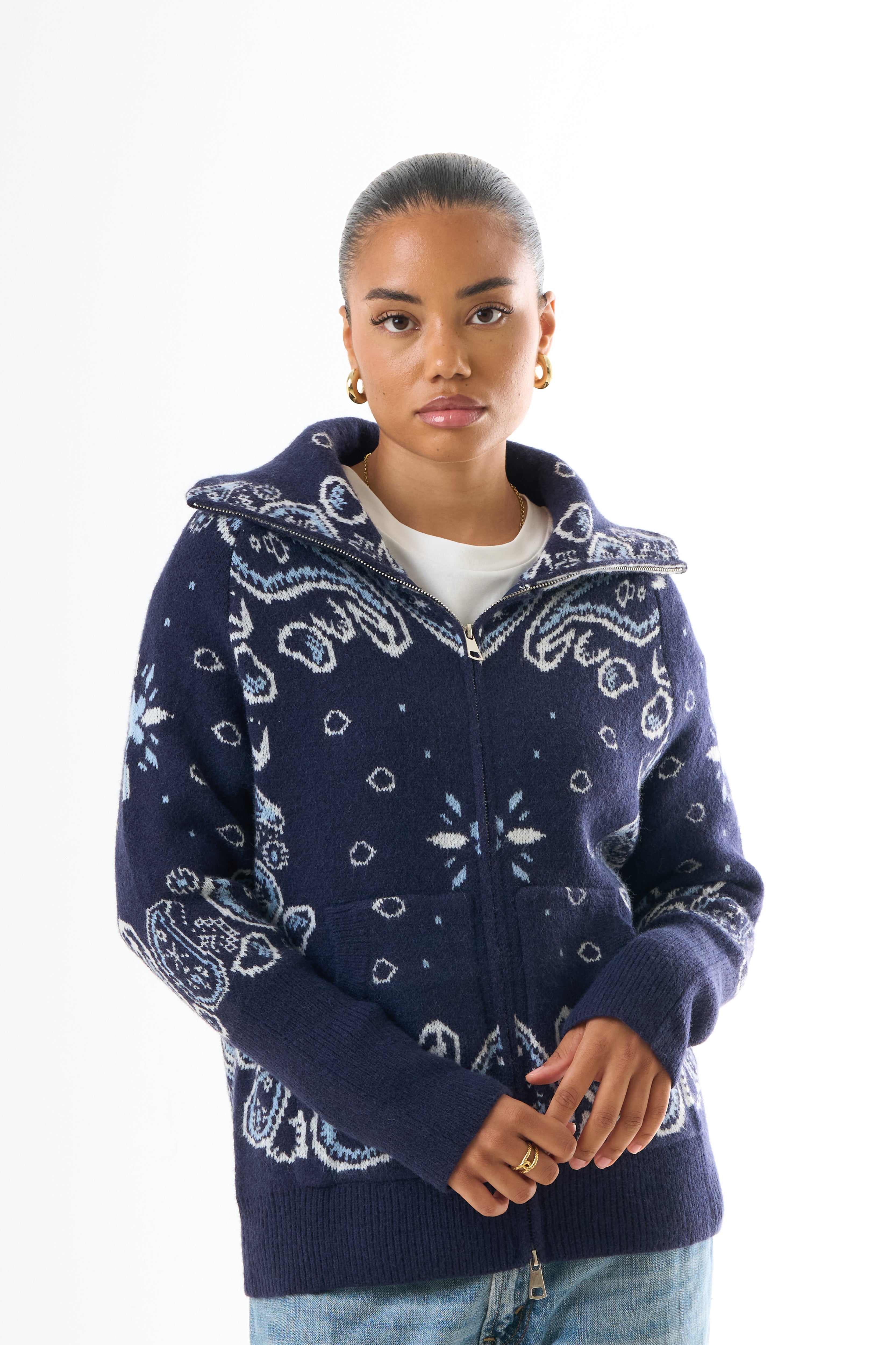 Zipped Bandana Cardigan - Blue