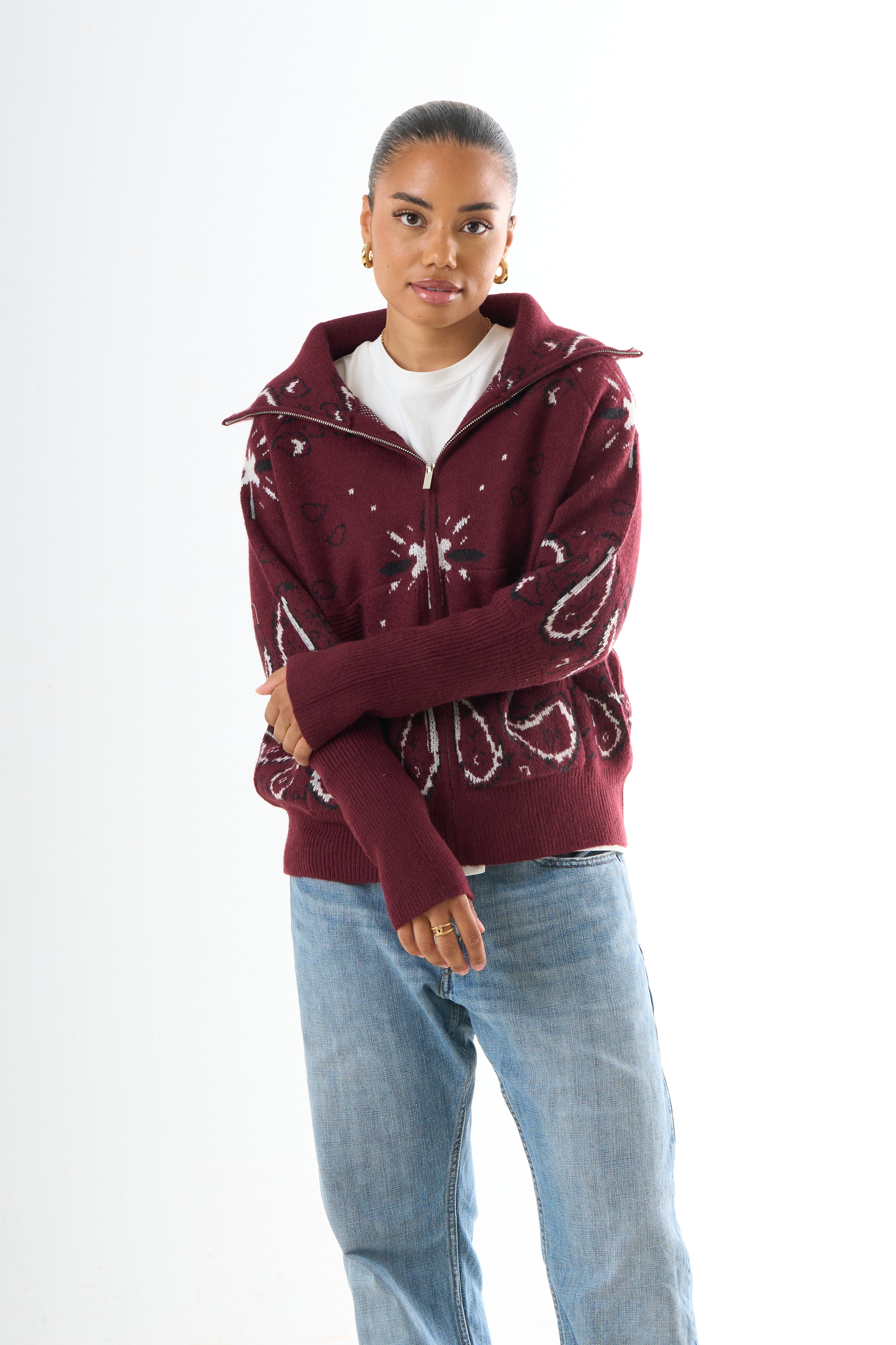 Zipped Bandana Cardigan - Bordeaux