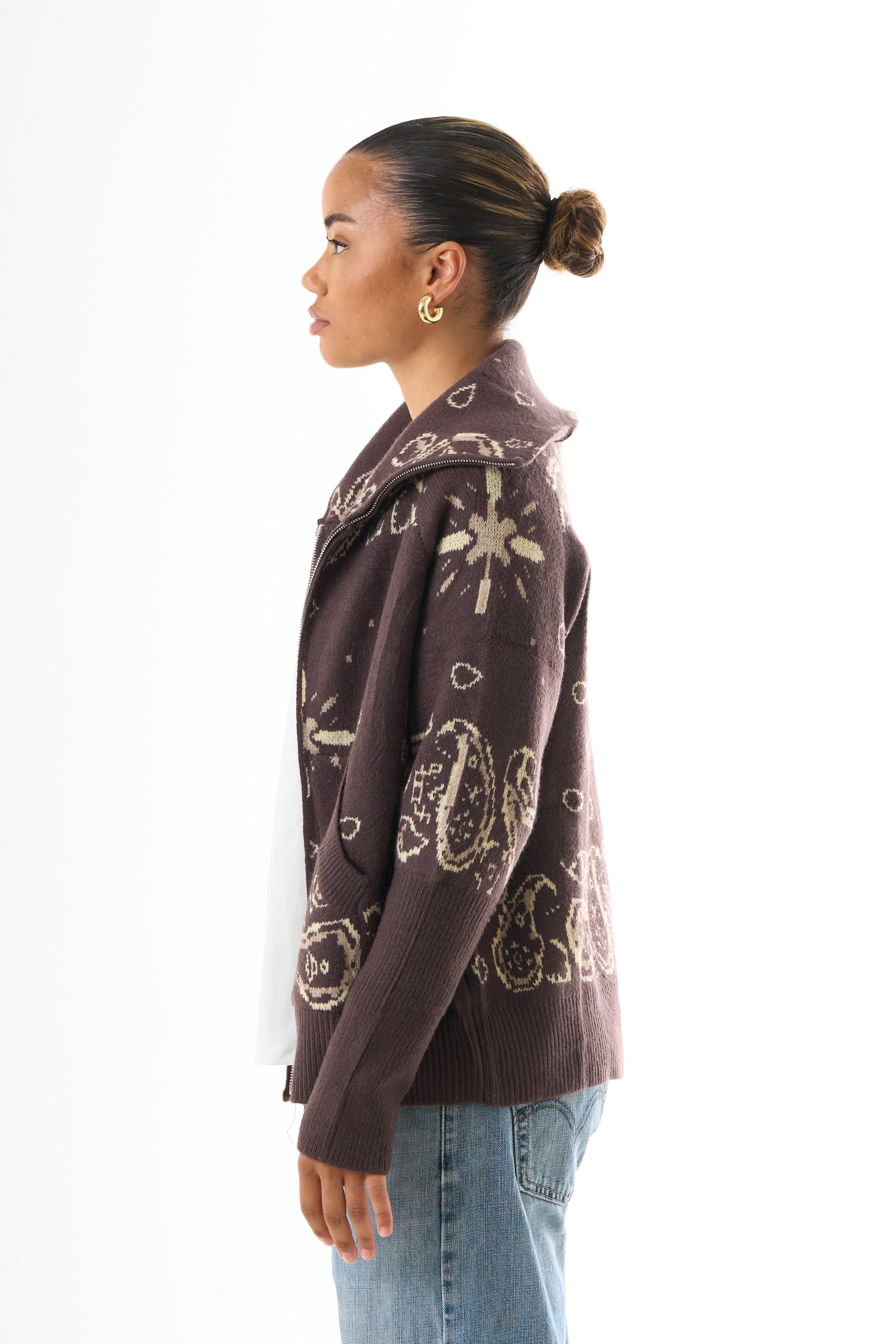 Zipped Bandana Cardigan - Brown