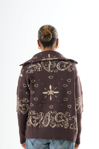 Zipped Bandana Cardigan - Brown