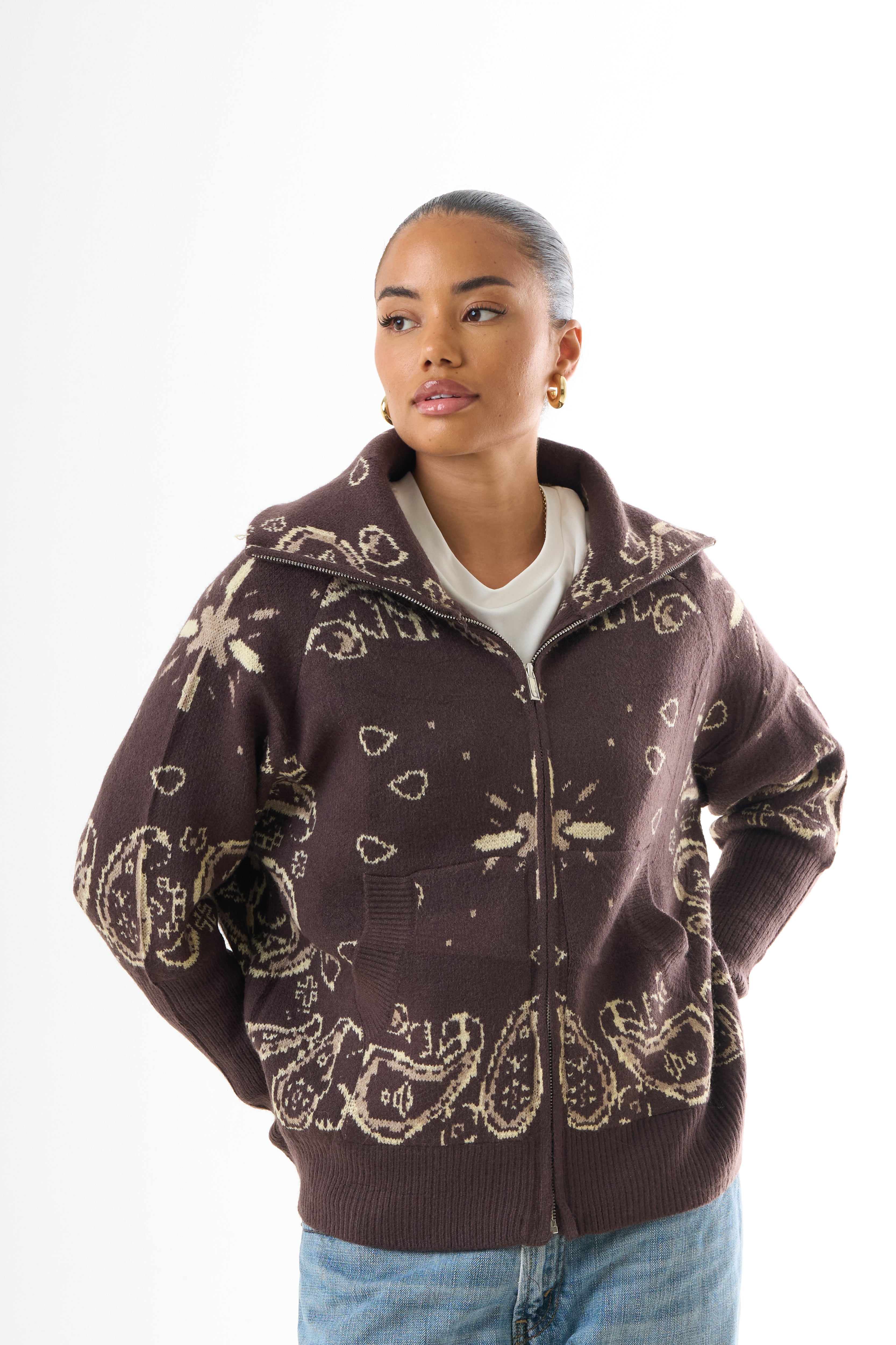 Zipped Bandana Cardigan - Brown