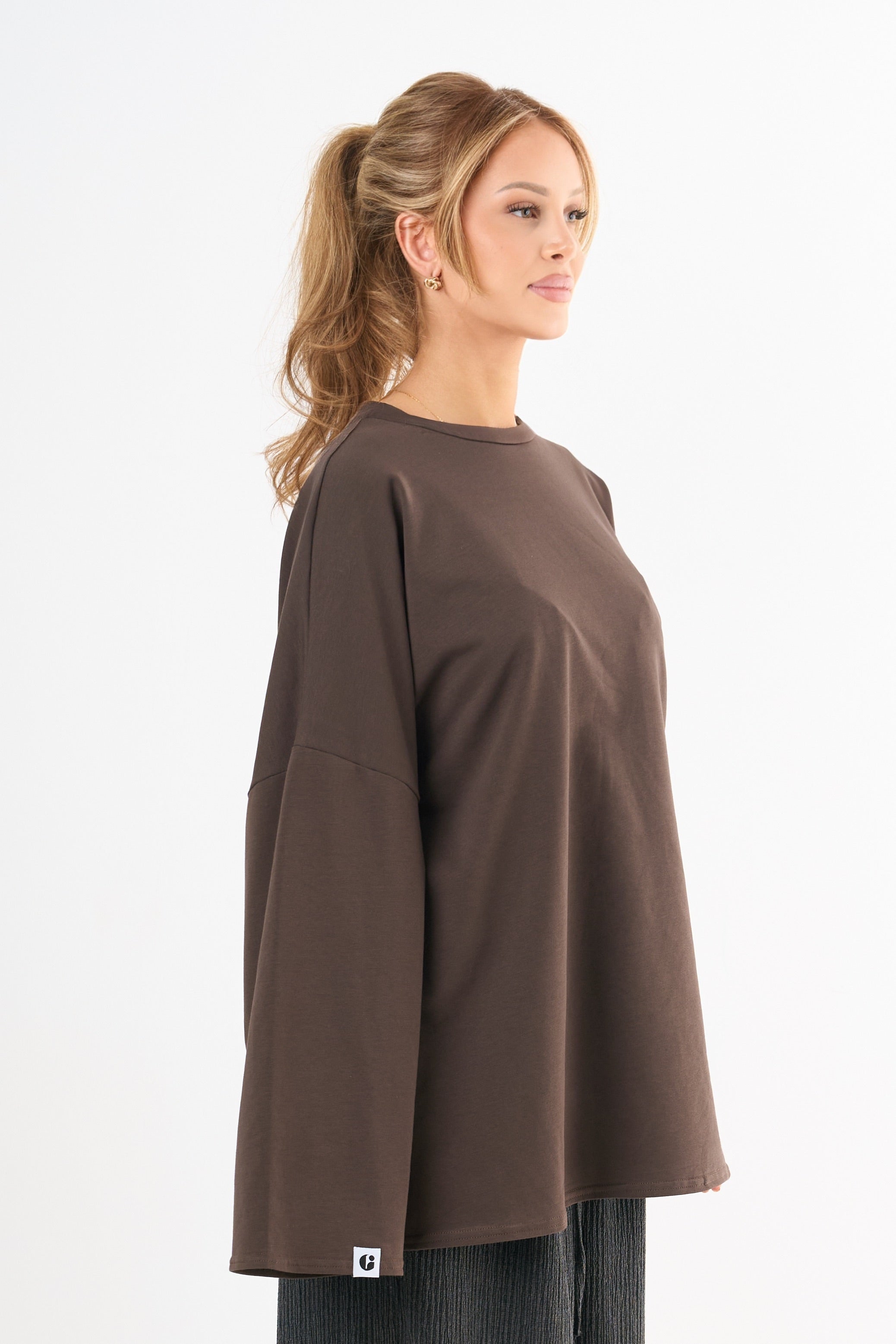 Oversized Long-sleeved T-shirt - Brown